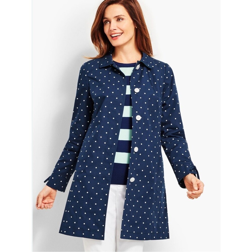Talbots DOT-PRINT COTTON MAC Navy White Polka Dot Coat trench Womens 12 EUC cute